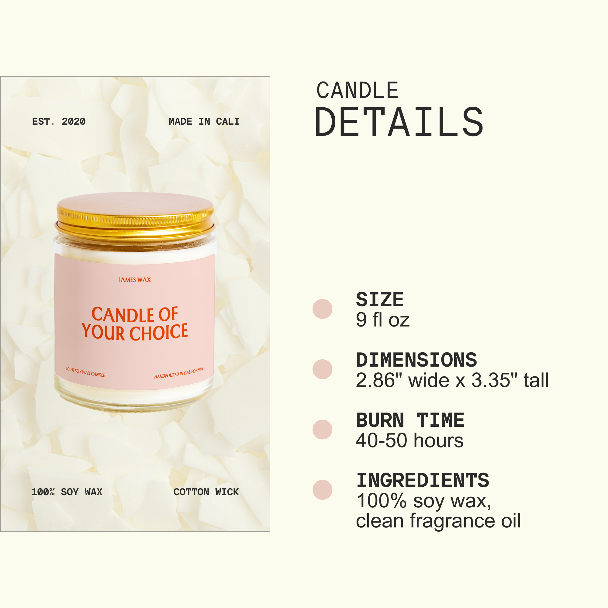 The image is a product advertisement for a candle named "CANDLE OF YOUR CHOICE". It features a close-up of the candle in a jar, with details about the candle's size, dimensions, burn time, and ingredients.