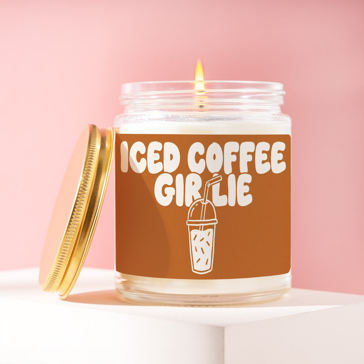 Iced Coffee Girlie 9 oz soy candle with a brushed gold lid by James Wax