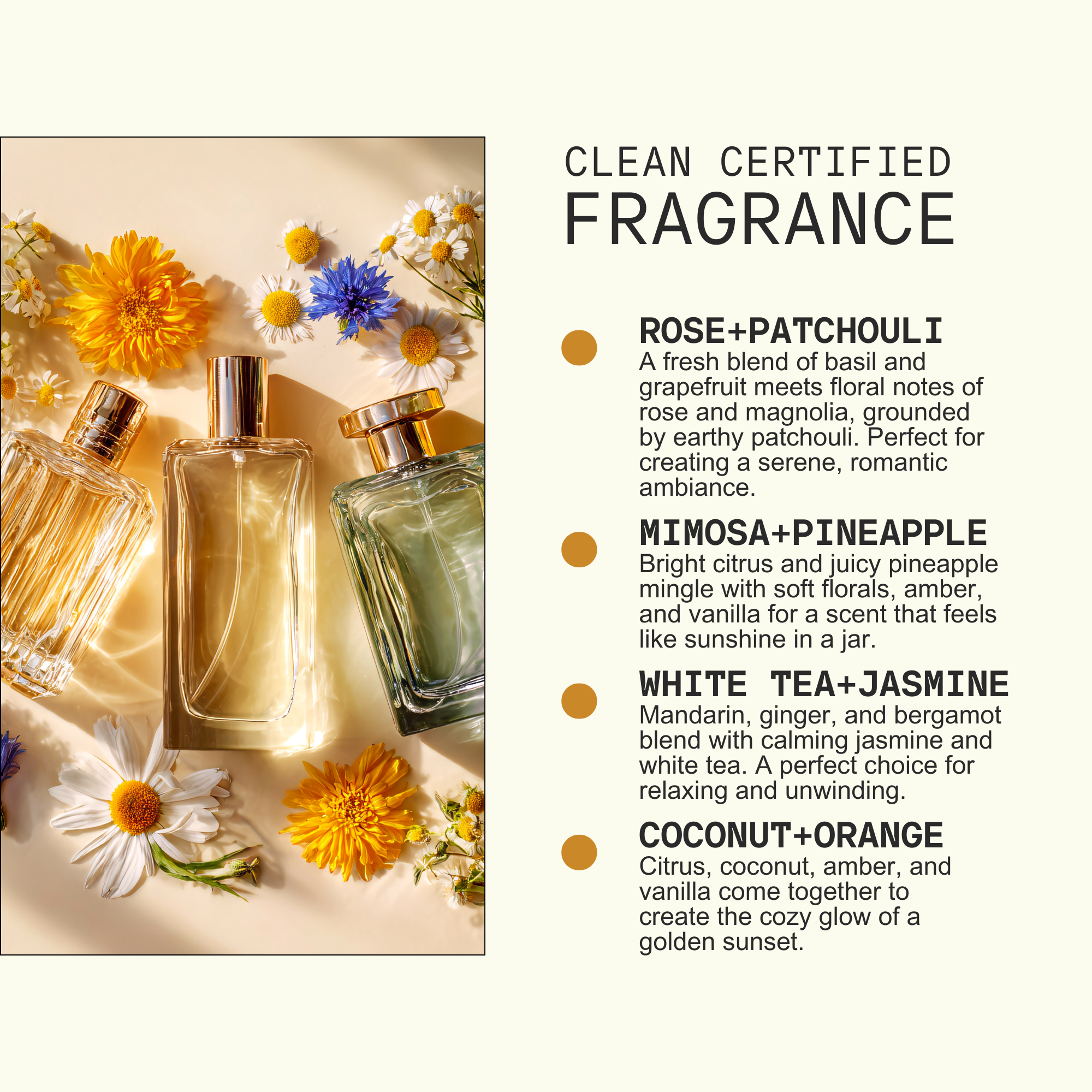 three different perfume bottles, each with a unique scent, arranged on a beige background with yellow and blue flowers.