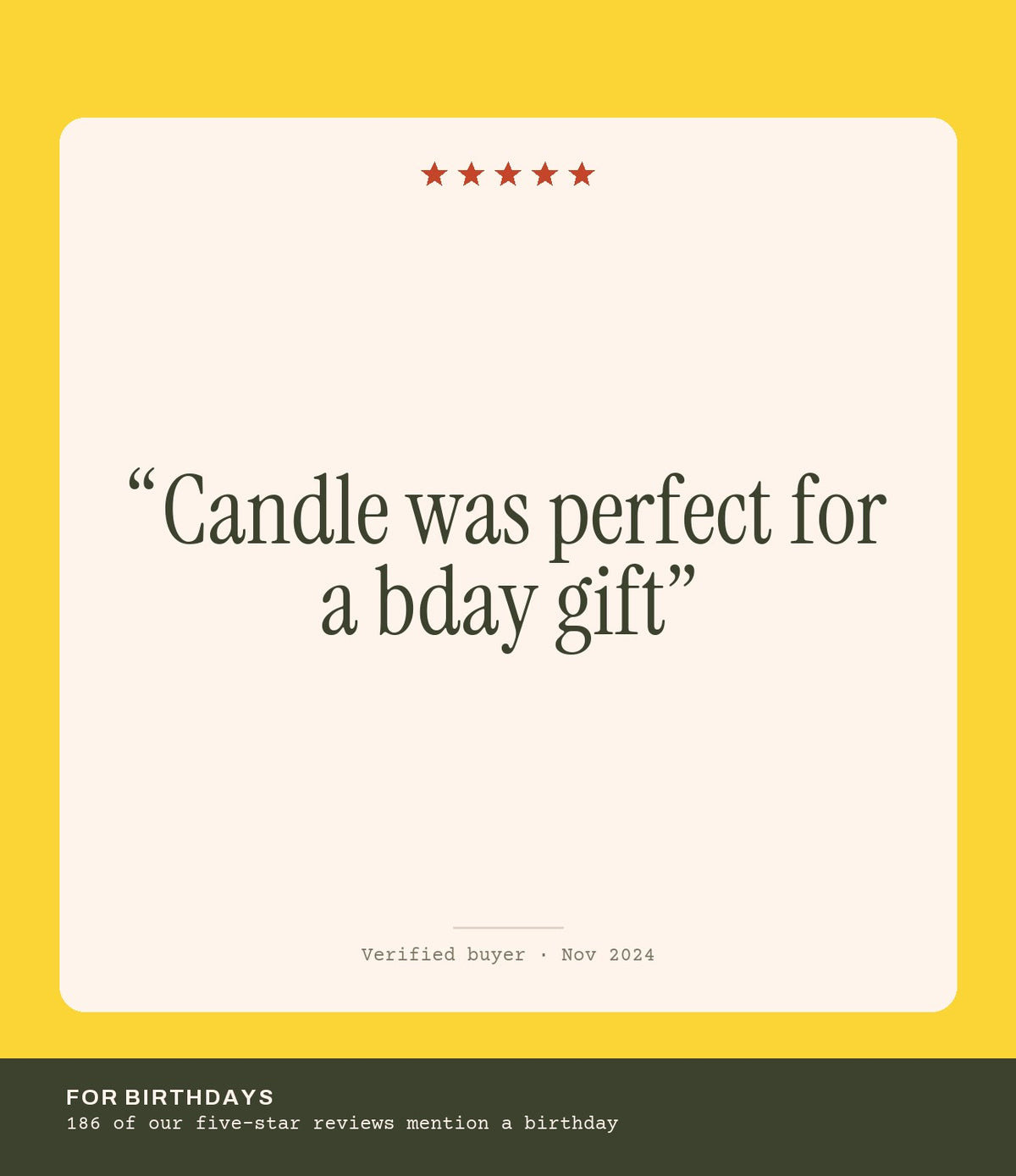 Verified buyer review: Candle was perfect for a bday gift