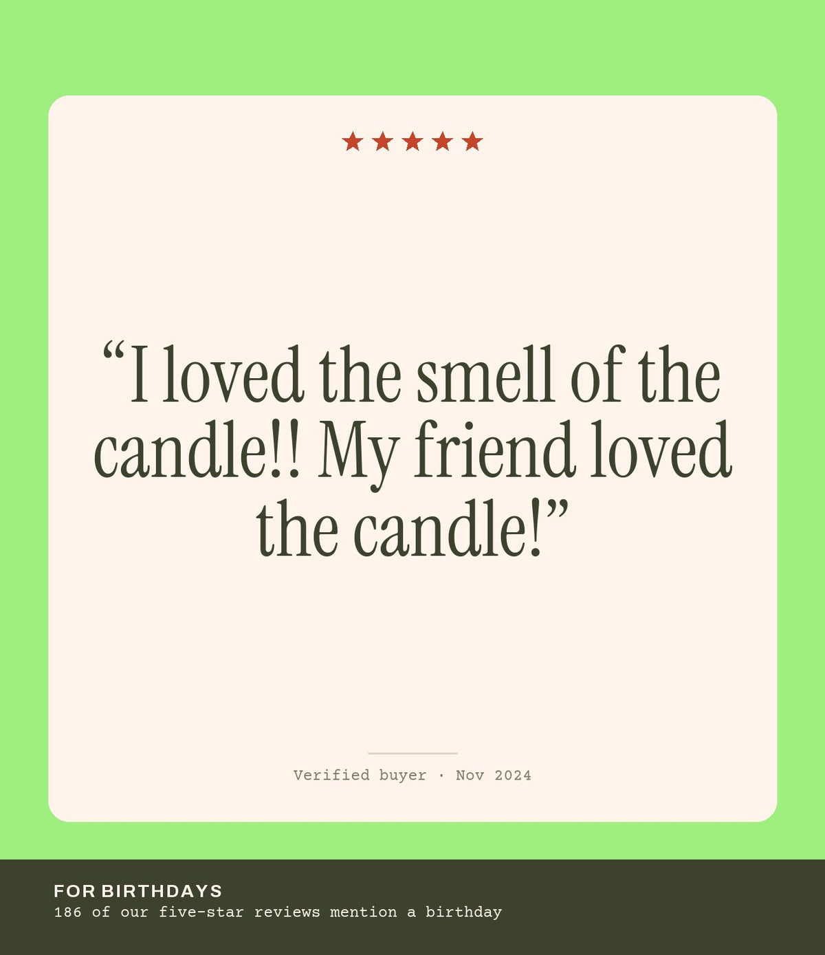 Verified buyer review: I loved the smell of the candle!! My friend loved the candle!