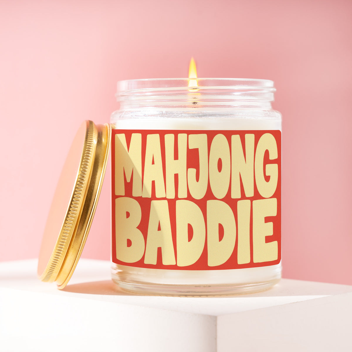 Mahjong Baddie 9 oz soy candle with a brushed gold lid by James Wax