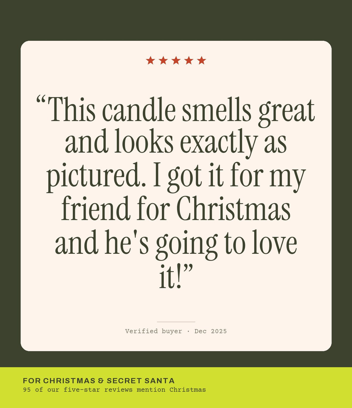 Verified buyer review: This candle smells great and looks exactly as pictured. I got it for my friend for Christmas and he's going to love it!