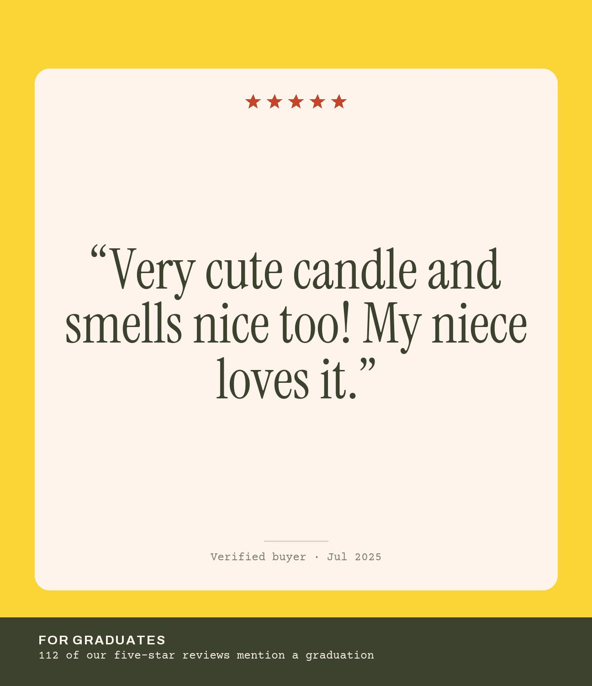 Verified buyer review: Very cute candle and smells nice too! My niece loves it.