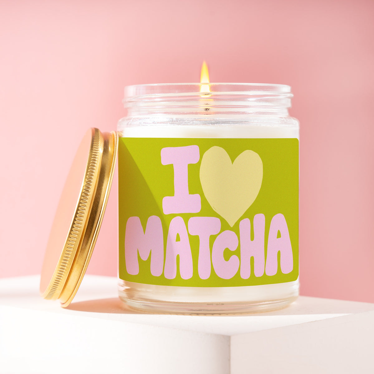I Heart Matcha 9 oz soy candle with a brushed gold lid by James Wax