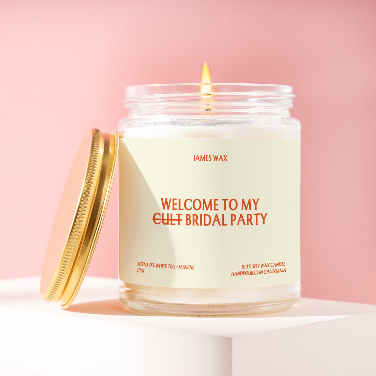 Welcome To My Cult Bridal Party 9 oz soy candle with a brushed gold lid by James Wax