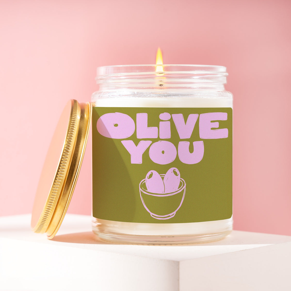 Olive You 9 oz soy candle with a brushed gold lid by James Wax