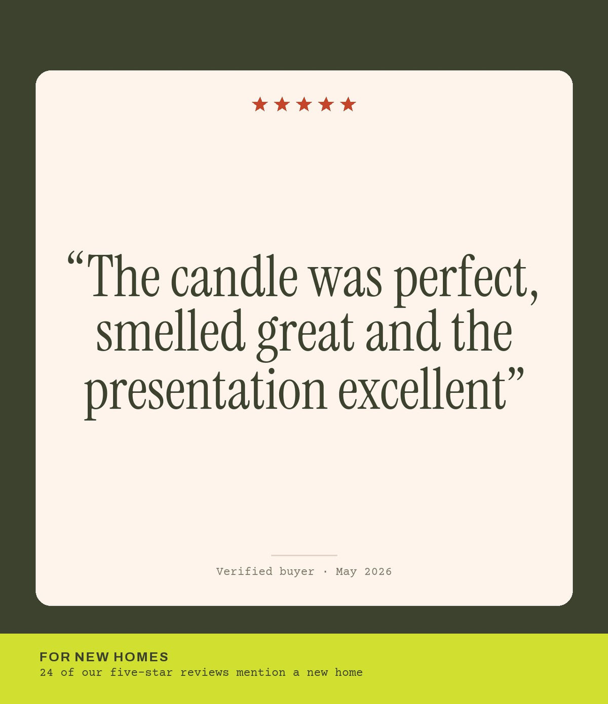 Verified buyer review: The candle was perfect, smelled great and the presentation excellent