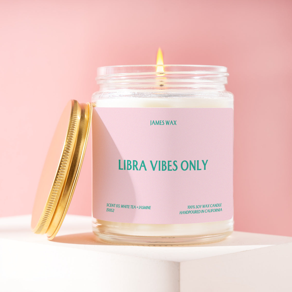 Libra Vibes Only 9 oz soy candle with a brushed gold lid by James Wax