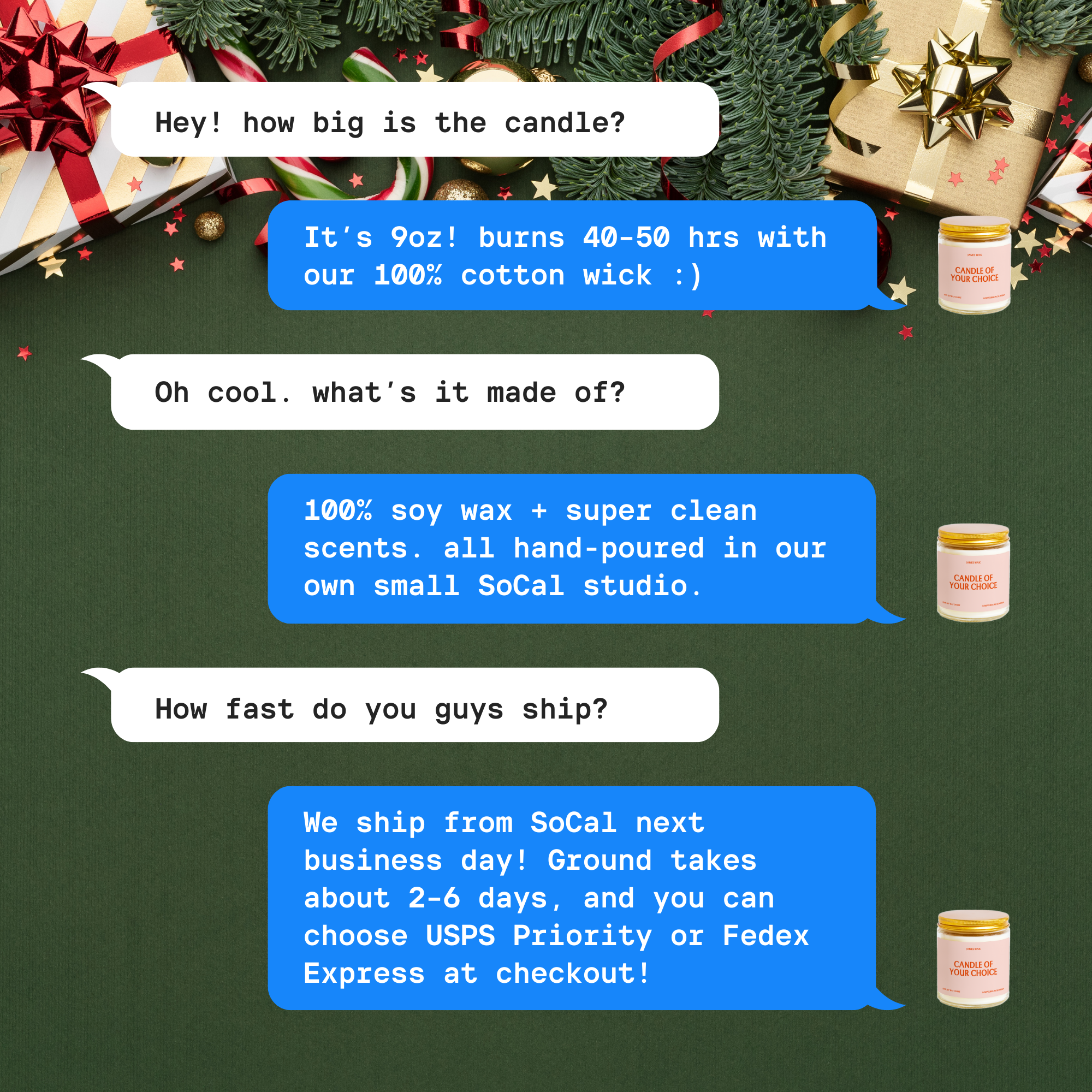 The image is a collage of three text bubbles with holiday-themed background elements, including a Christmas tree, presents, and a candle. The text bubbles contain questions and responses related to the candle's size, burning time, and shipping options.