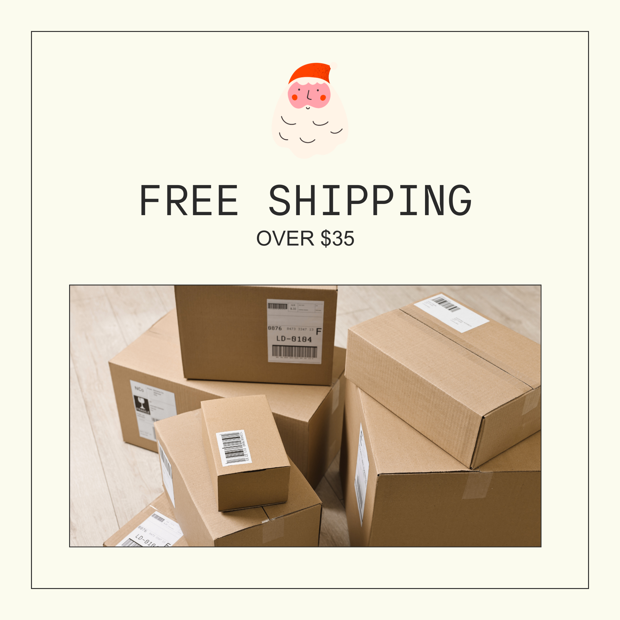 The image is a promotional advertisement for free shipping, featuring cardboard boxes stacked on a wooden floor.