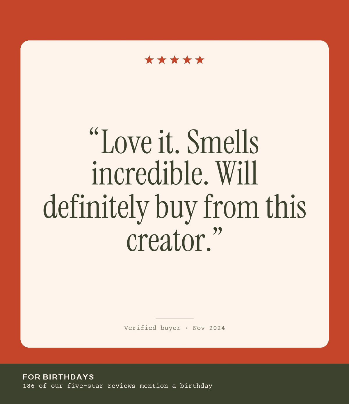 Verified buyer review: Love it. Smells incredible. Will definitely buy from this creator.