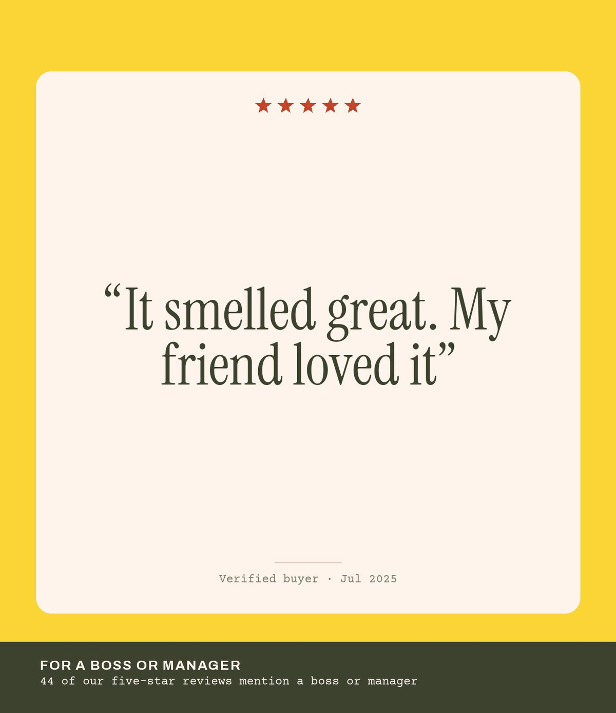 Verified buyer review: It smelled great. My friend loved it