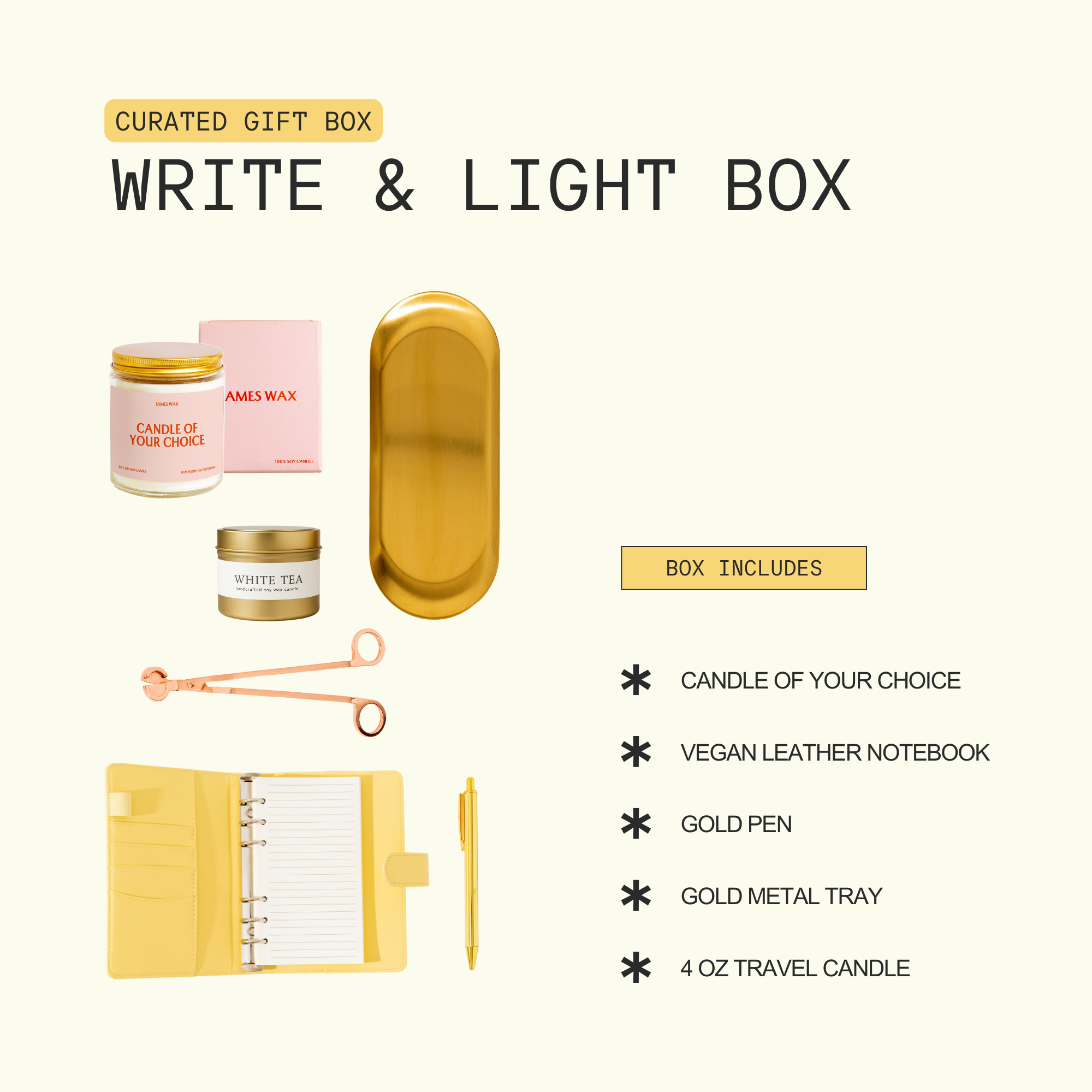 The image is a curated gift box containing various items, including a candle, a notebook, a pen, a metal tray, and a travel candle.