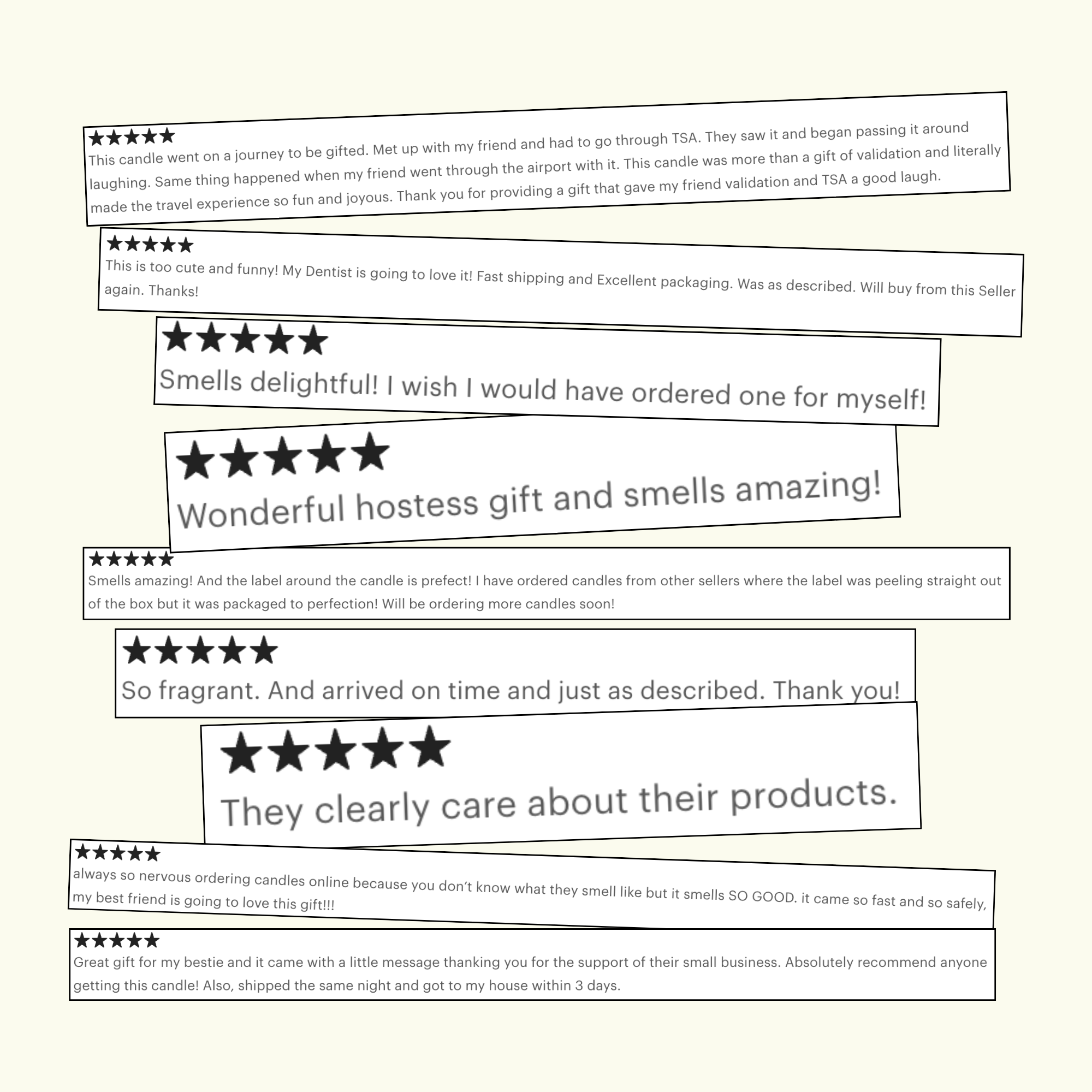 a collection of positive reviews for a scented candle, with stars indicating that the candles are described as "amazing" and "fragrant". The reviews express satisfaction with the candles, noting that they smell good and arrive on time. The reviews also mention that the candles are made with care and are recommended for small businesses.