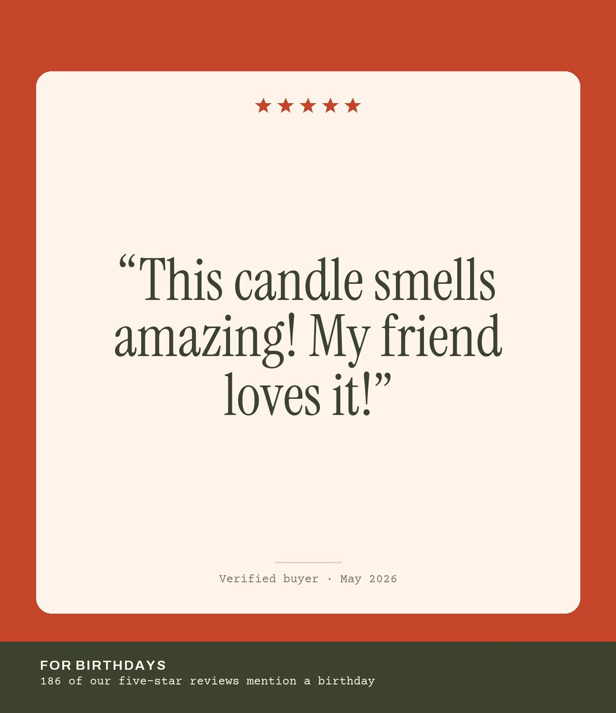 Verified buyer review: This candle smells amazing! My friend loves it!
