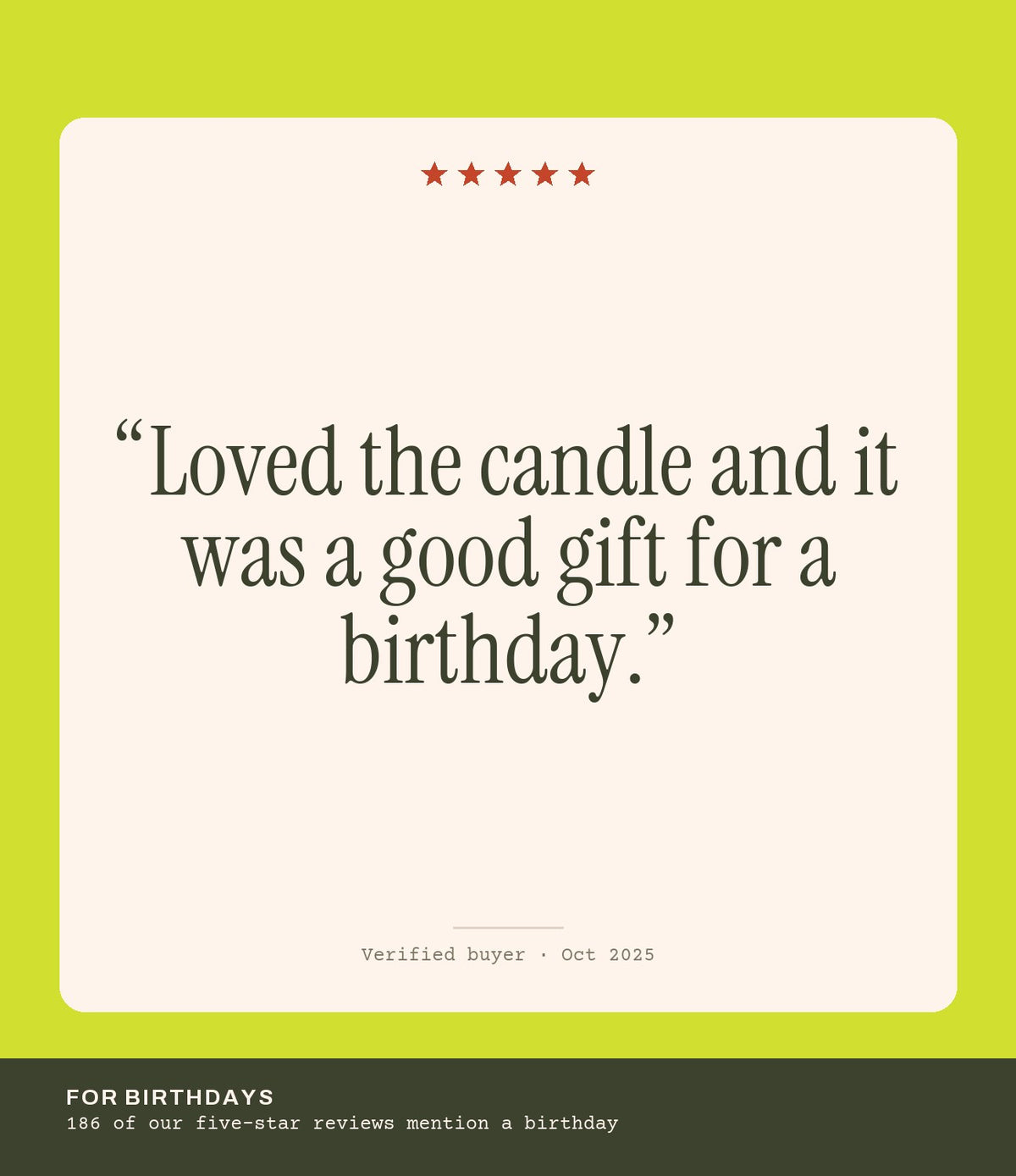 Verified buyer review: Loved the candle and it was a good gift for a birthday.
