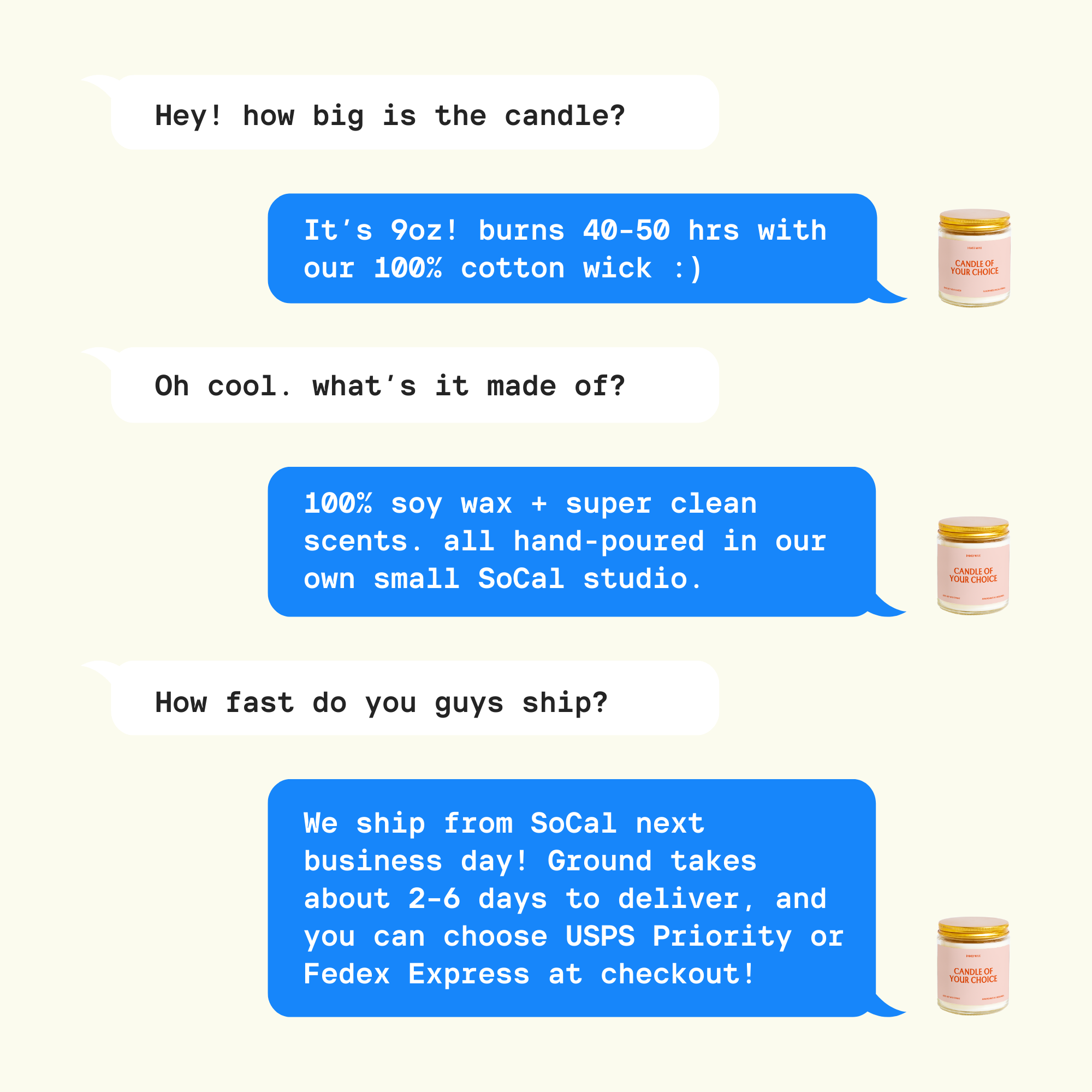 three blue speech bubbles with text, each containing a question about a candle. The first question asks about the size of the candle, the second question asks about the burning time, and the third question asks about the scent of the candle. There are also two images of candles in the image, one on the left and one on the right, which appear to be the focus of the questions.