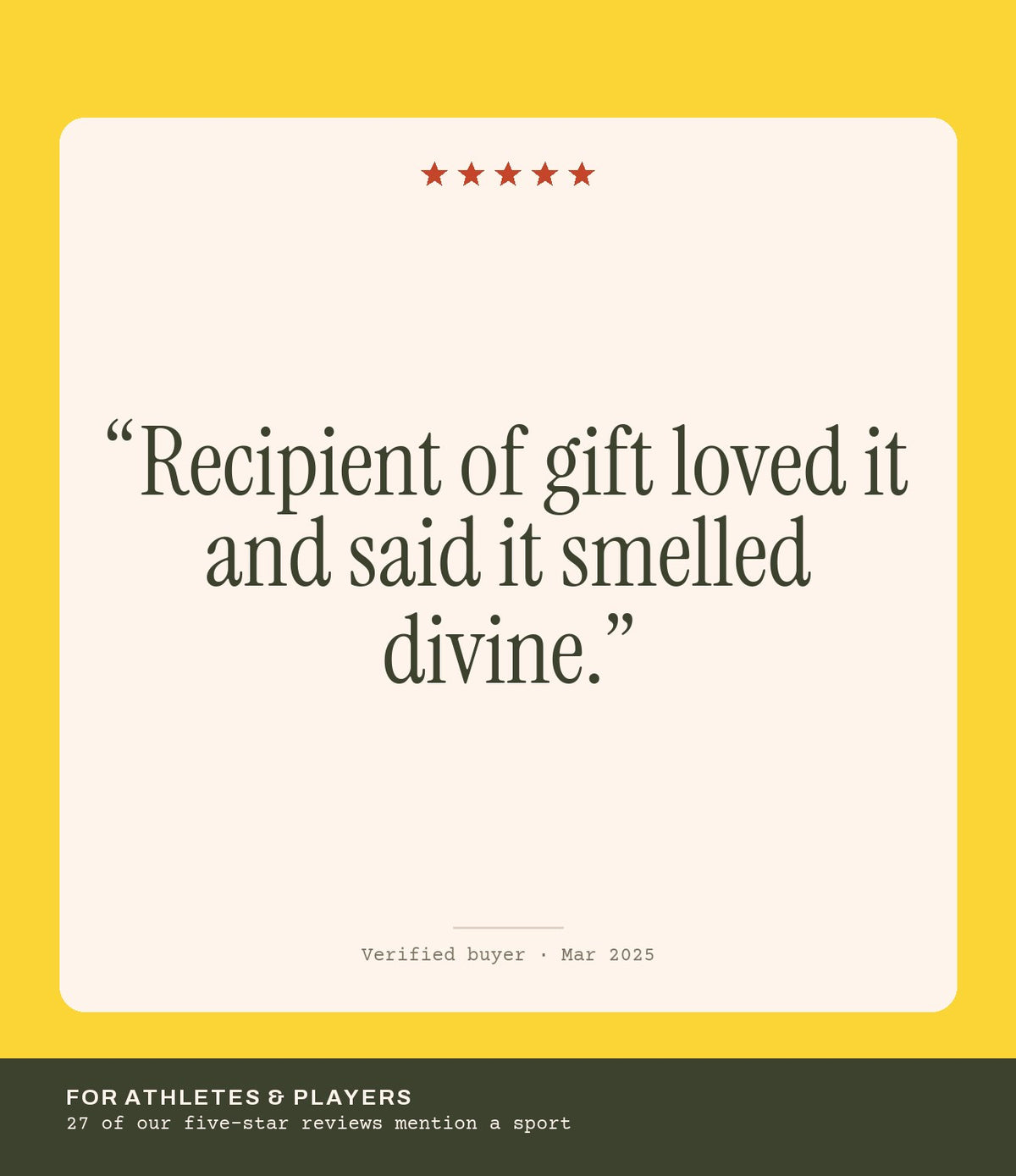 Verified buyer review: Recipient of gift loved it and said it smelled divine.