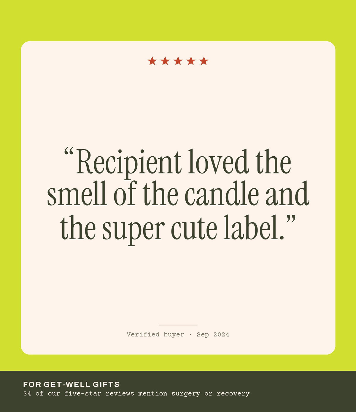 Verified buyer review: Recipient loved the smell of the candle and the super cute label.