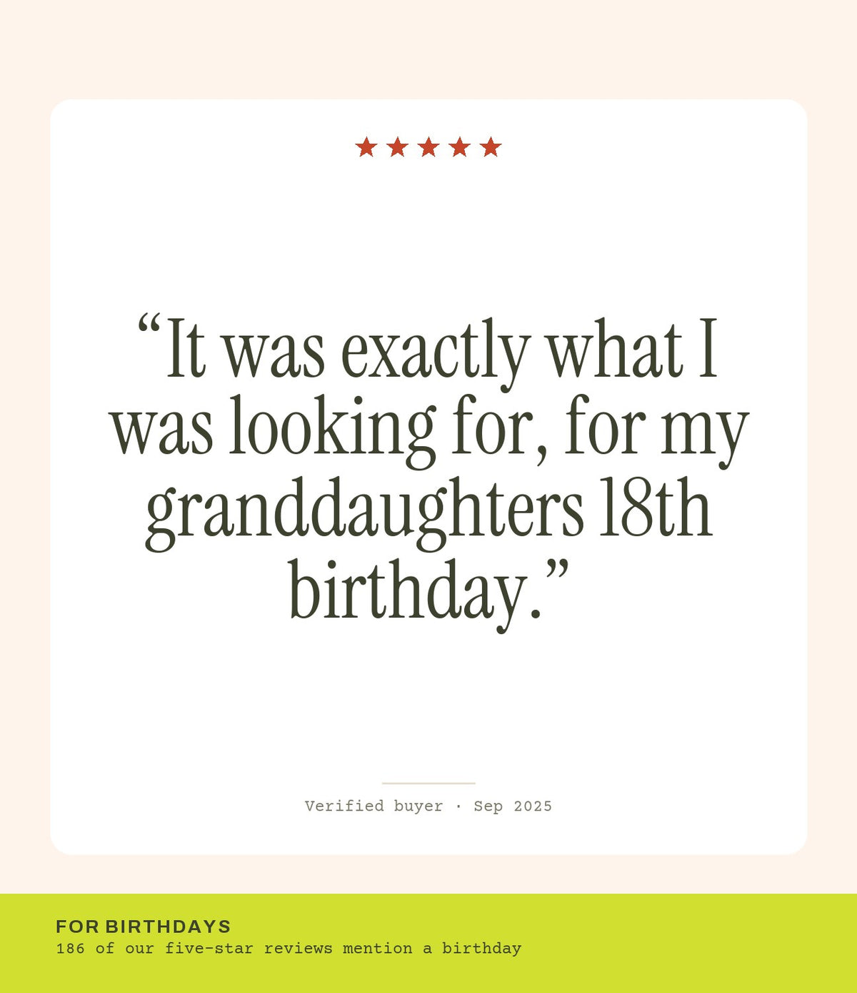 Verified buyer review: It was exactly what I was looking for, for my granddaughters 18th birthday.