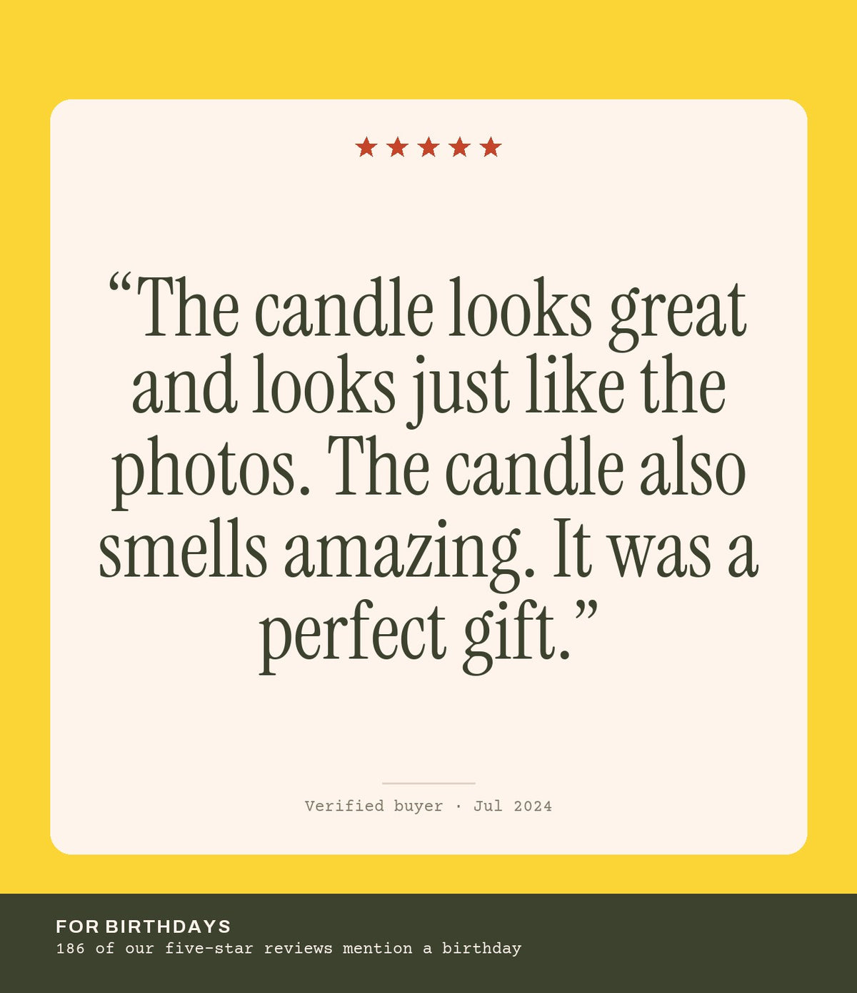 Verified buyer review: The candle looks great and looks just like the photos. The candle also smells amazing. It was a perfect gift.