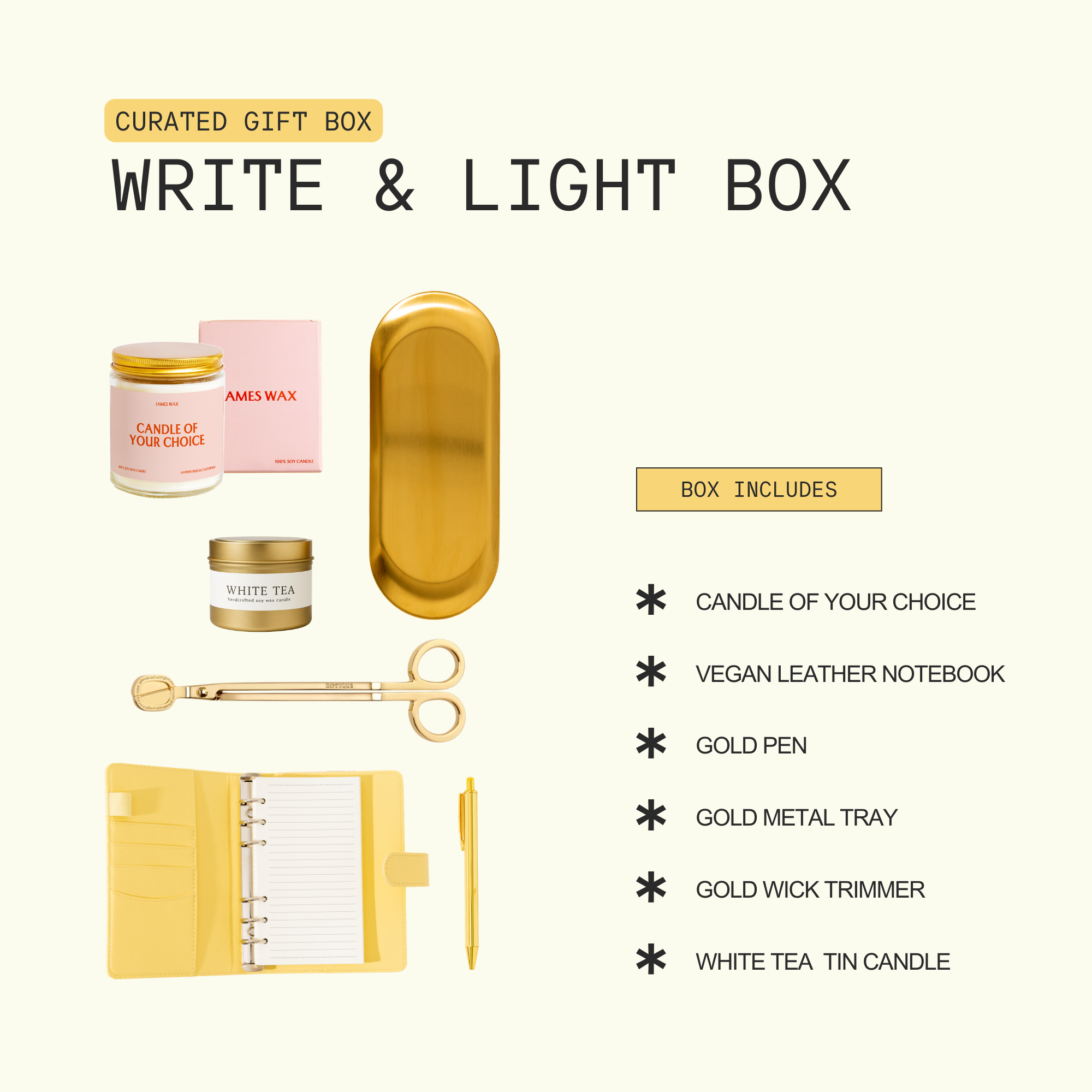 The image is a curated gift box containing various items, including a candle, a notebook, a pen, a tray, and a wick trimmer.