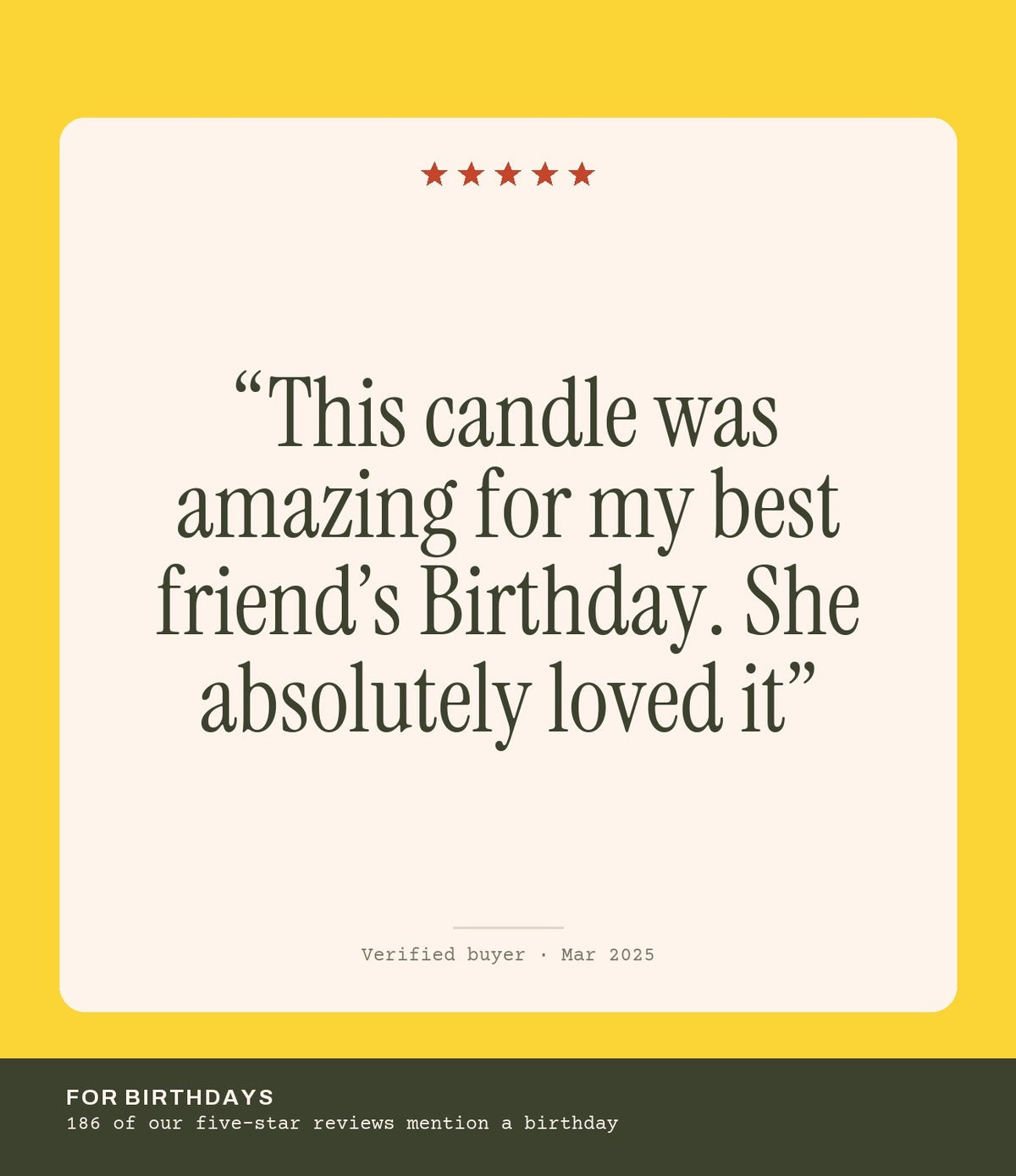 Verified buyer review: This candle was amazing for my best friend’s Birthday. She absolutely loved it