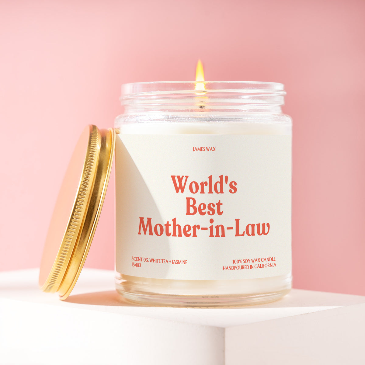 World's Best Mother-In-Law 9 oz soy candle with a brushed gold lid by James Wax