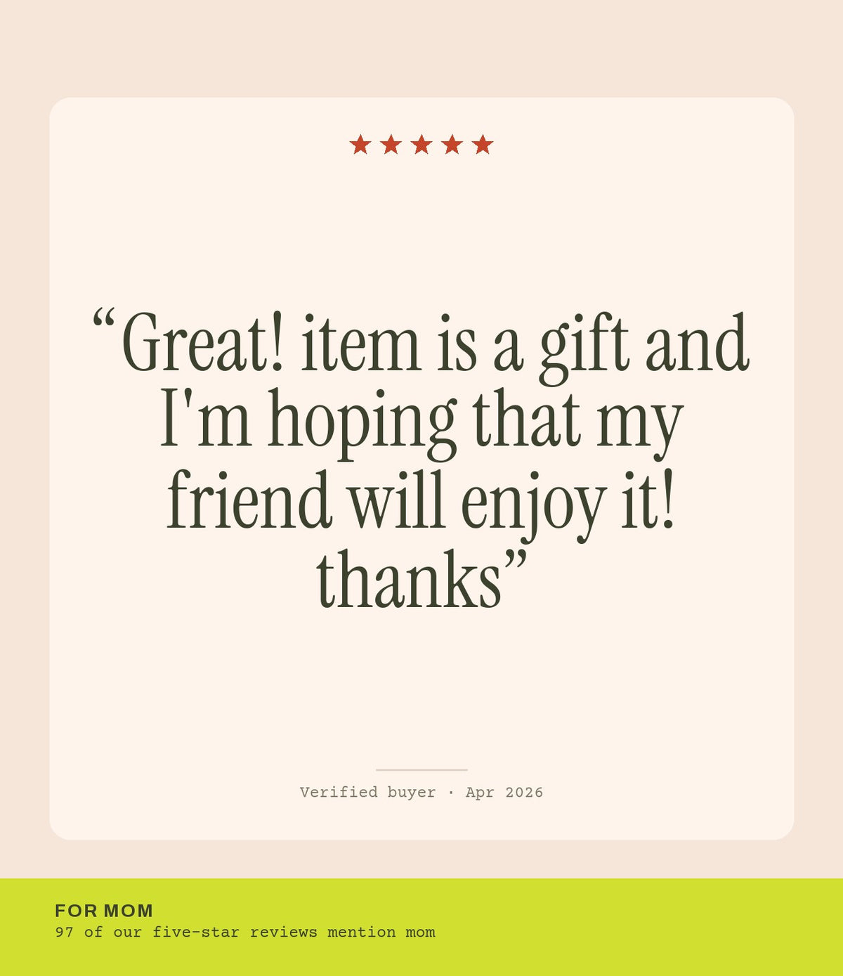 Verified buyer review: Great! item is a gift and I'm hoping that my friend will enjoy it! thanks