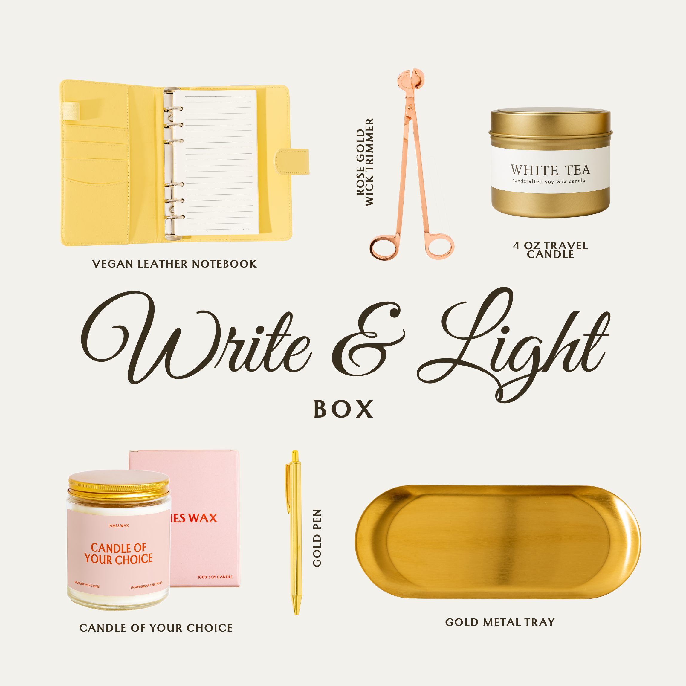 The image is a collage of various items, including a vegan leather notebook, a 4 oz travel candle, a gold metal tray, a pen, a pair of scissors, and a candle.