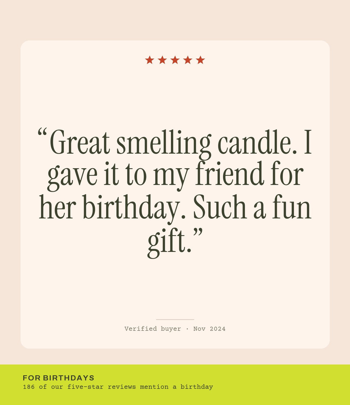 Verified buyer review: Great smelling candle. I gave it to my friend for her birthday. Such a fun gift.