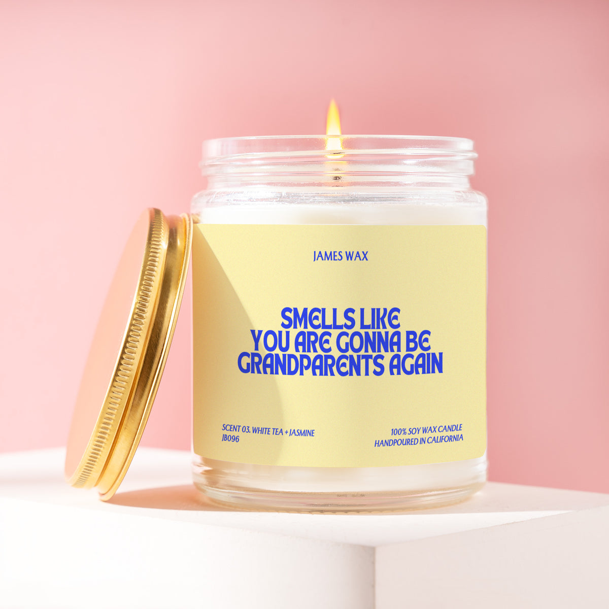 Smells Like You Are Gonna Be Grandparents Again 9 oz soy candle with a brushed gold lid by James Wax