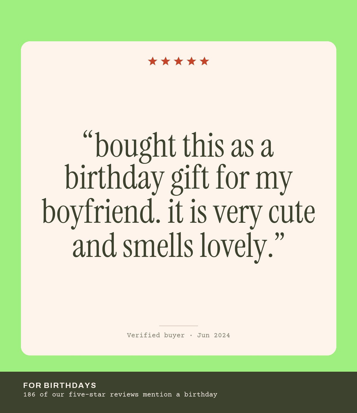 Verified buyer review: bought this as a birthday gift for my boyfriend. it is very cute and smells lovely.