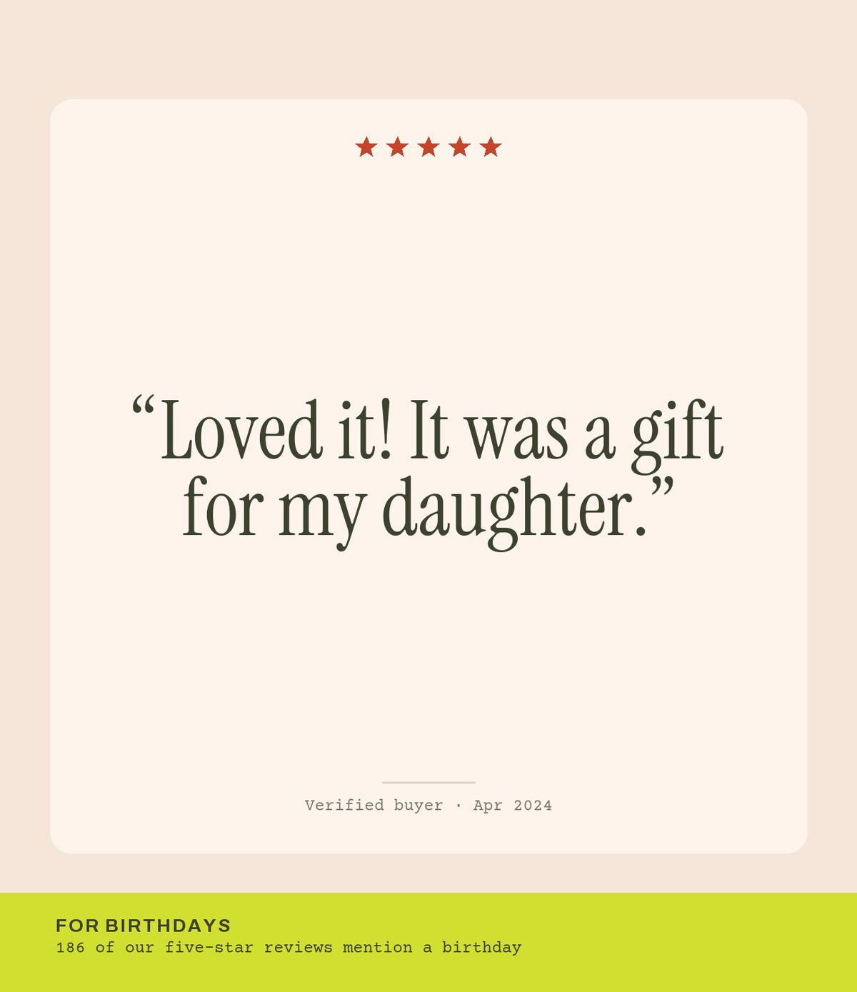 Verified buyer review: Loved it! It was a gift for my daughter.