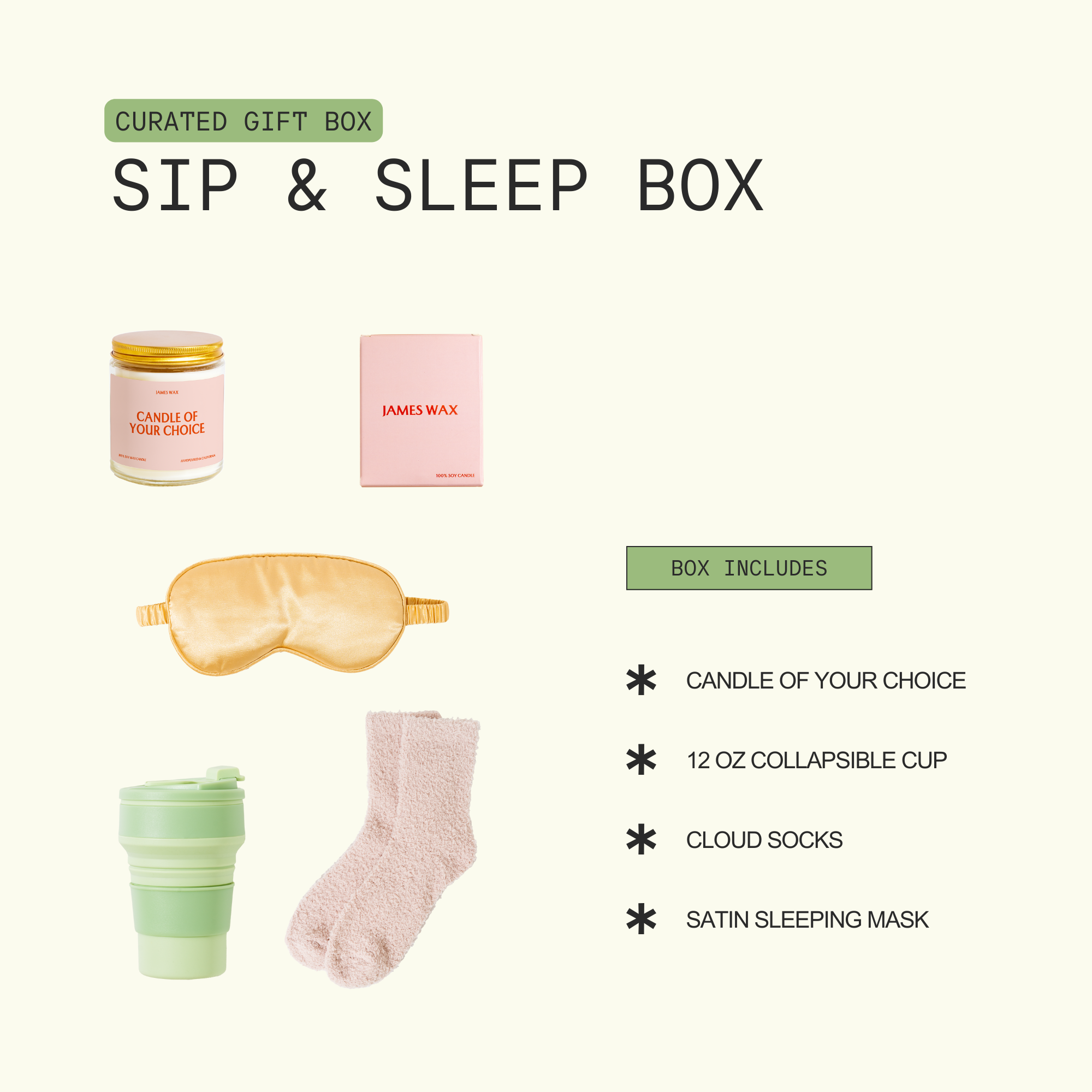 The image is a curated gift box containing various items, including a candle, a sleep mask, a cup, and a pair of socks.