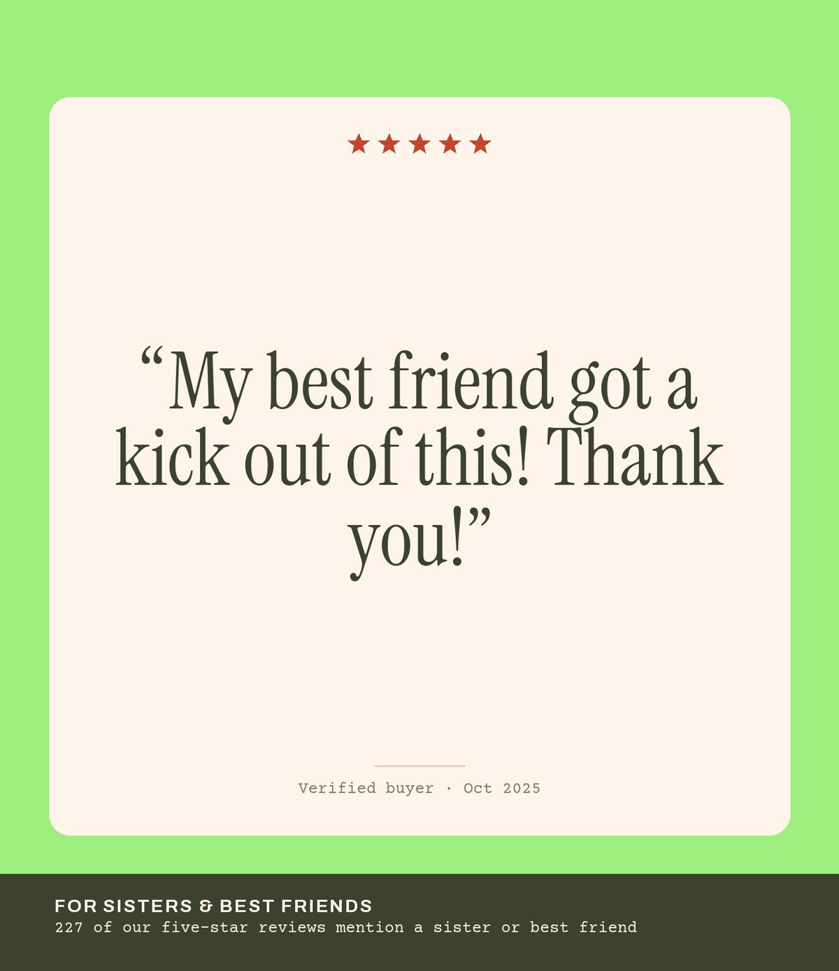 Verified buyer review: My best friend got a kick out of this! Thank you!