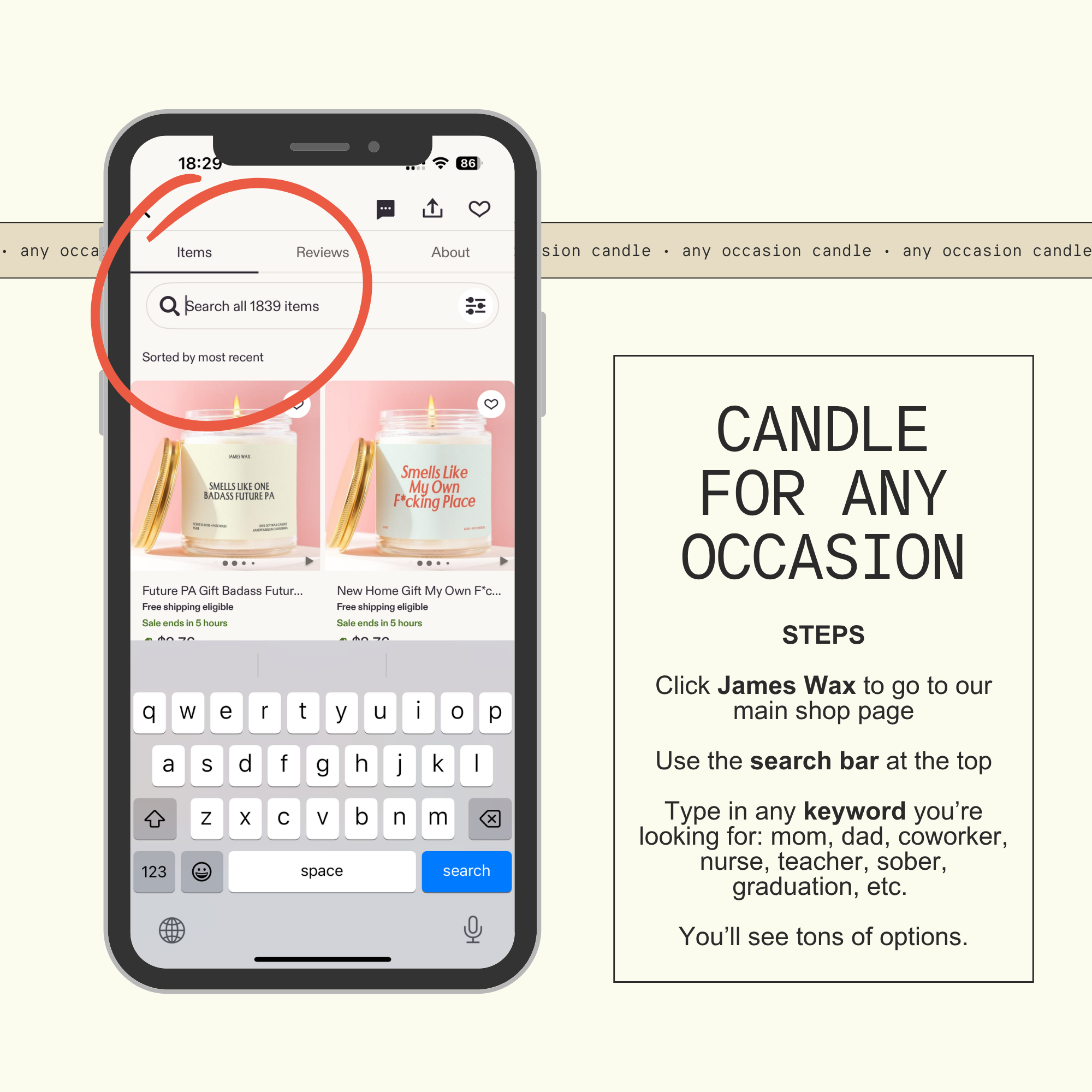 The image is a smartphone displaying a search for items on a website, with a candle for any occasion candle visible on the screen.