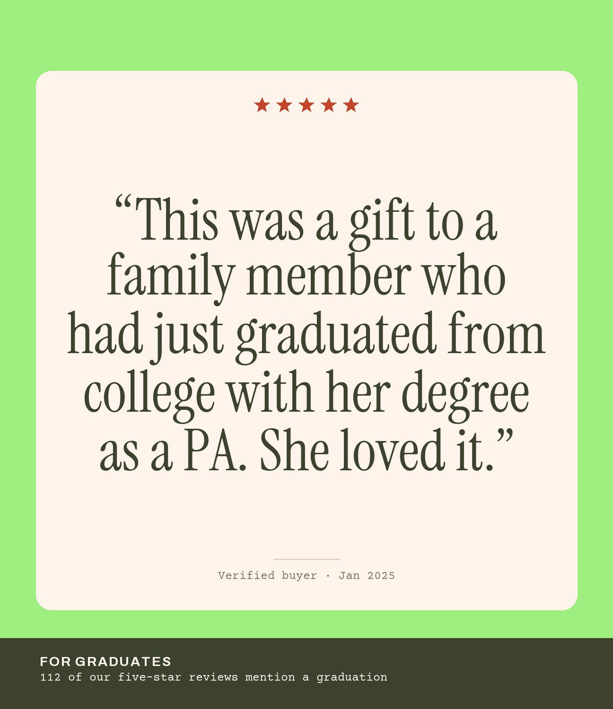 Verified buyer review: This was a gift to a family member who had just graduated from college with her degree as a PA. She loved it.