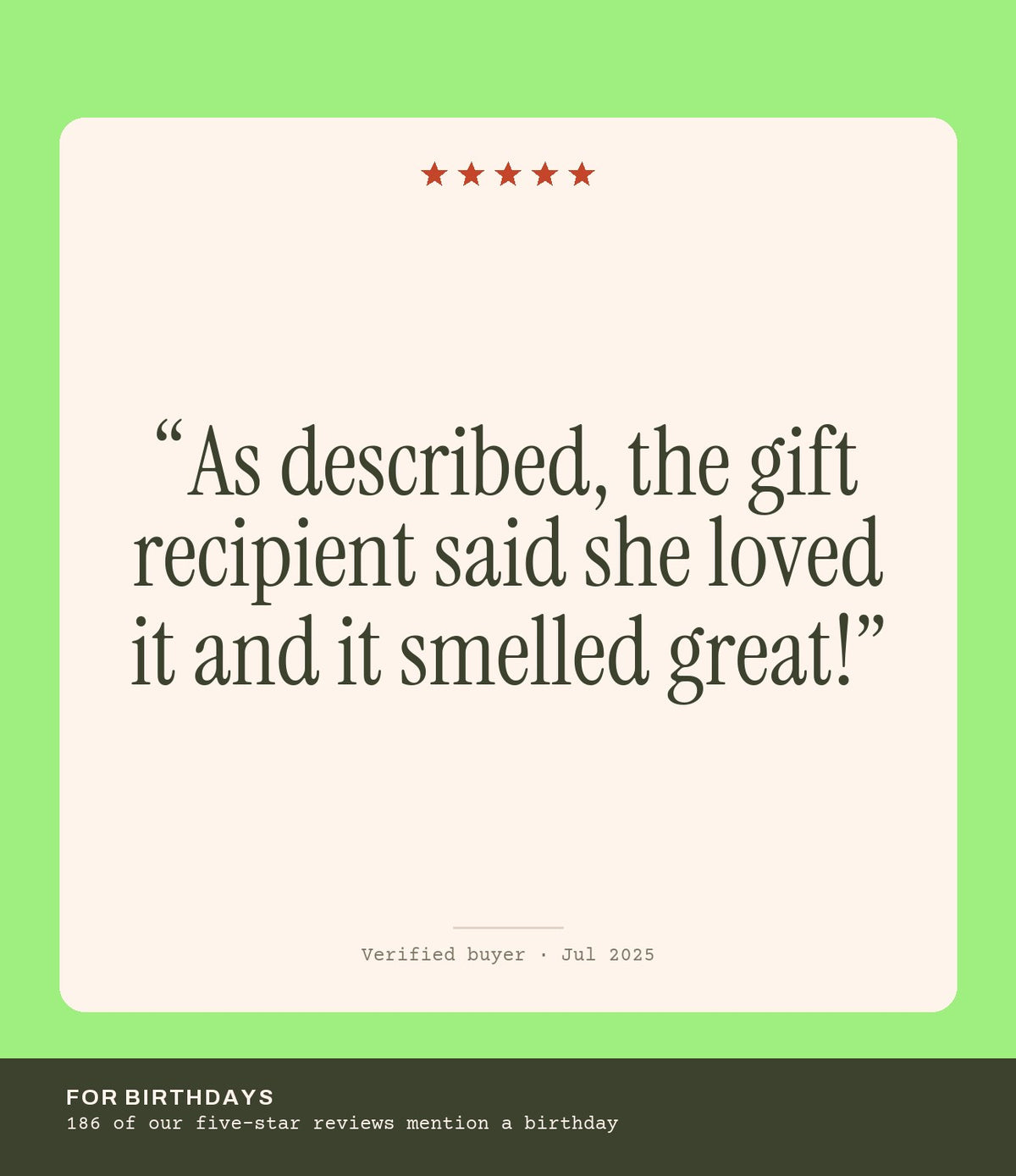 Verified buyer review: As described, the gift recipient said she loved it and it smelled great!