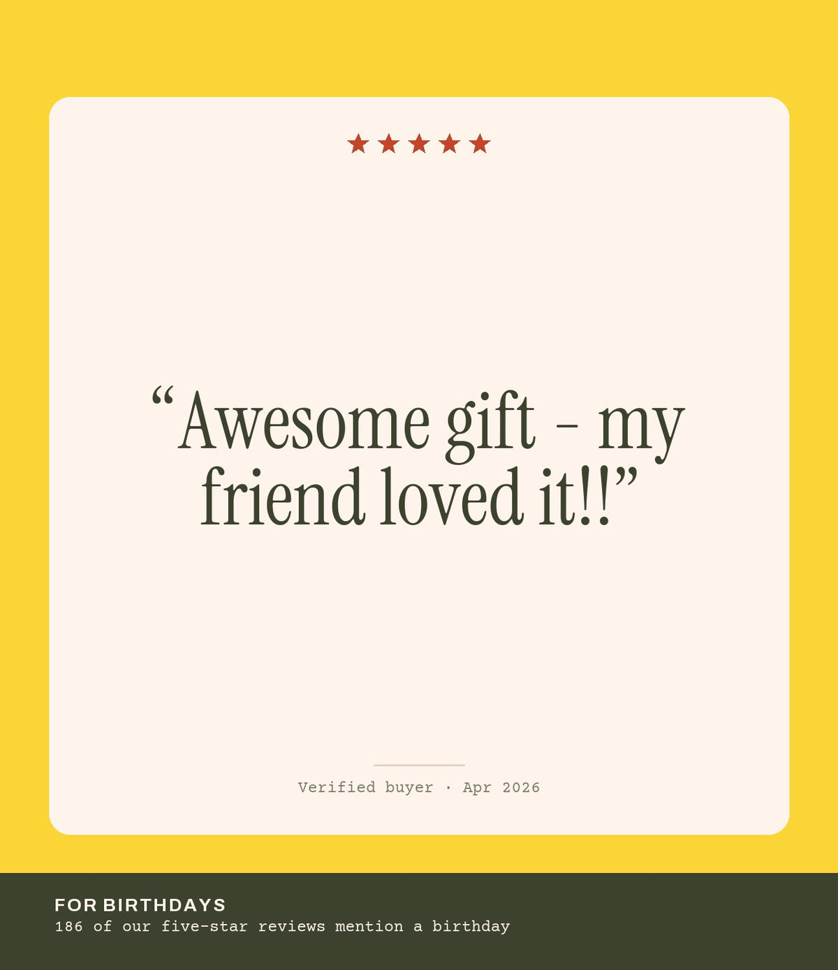 Verified buyer review: Awesome gift - my friend loved it!!