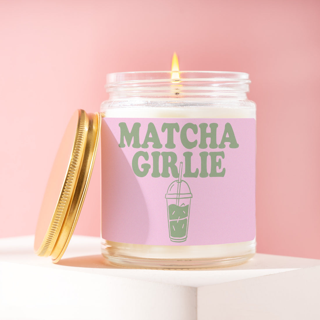 Matcha Girlie Candle, Green Tea Gift for Her, Iced Cup Art Birthday Present for Bestie, Coworker, Pink Cafe Idea R183