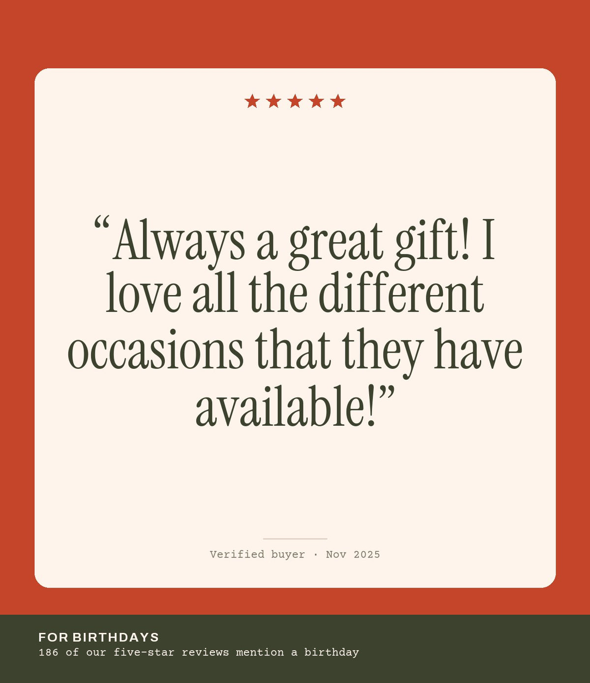 Verified buyer review: Always a great gift! I love all the different occasions that they have available!