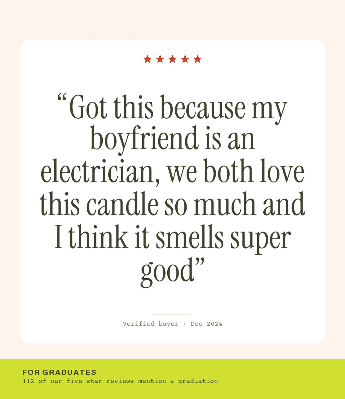 Verified buyer review: Got this because my boyfriend is an electrician, we both love this candle so much and I think it smells super good