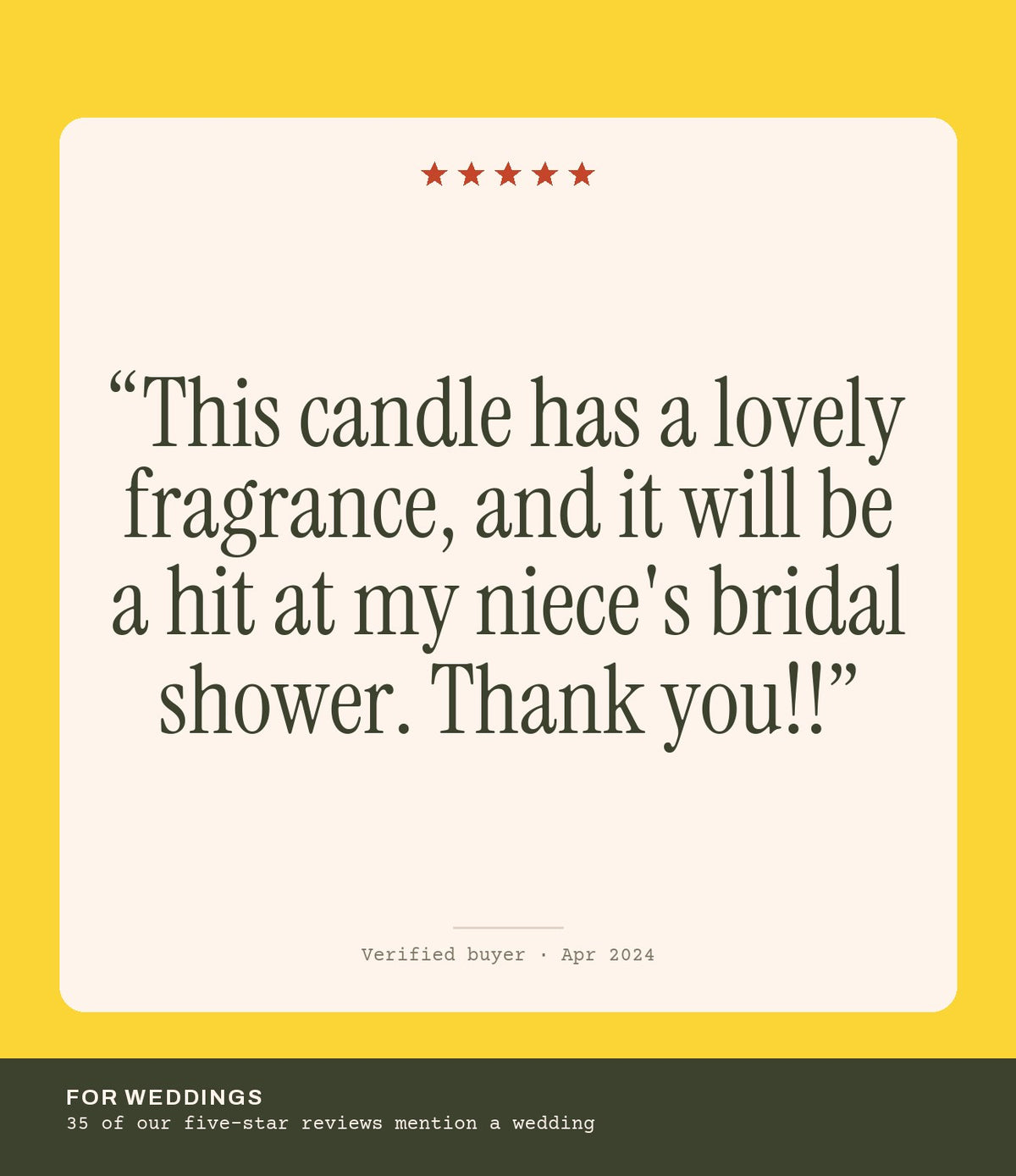 Verified buyer review: This candle has a lovely fragrance, and it will be a hit at my niece's bridal shower. Thank you!!