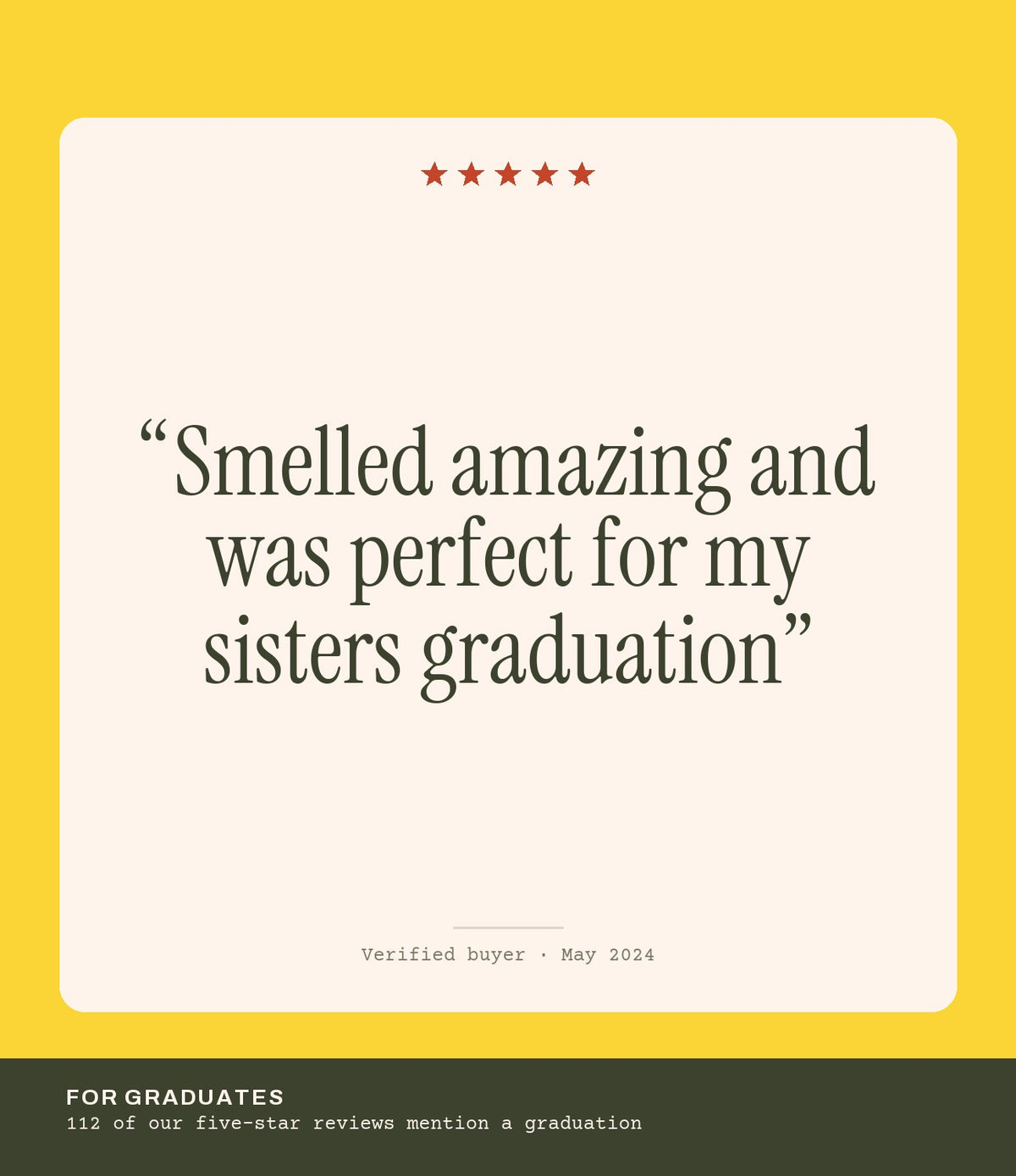 Verified buyer review: Smelled amazing and was perfect for my sisters graduation