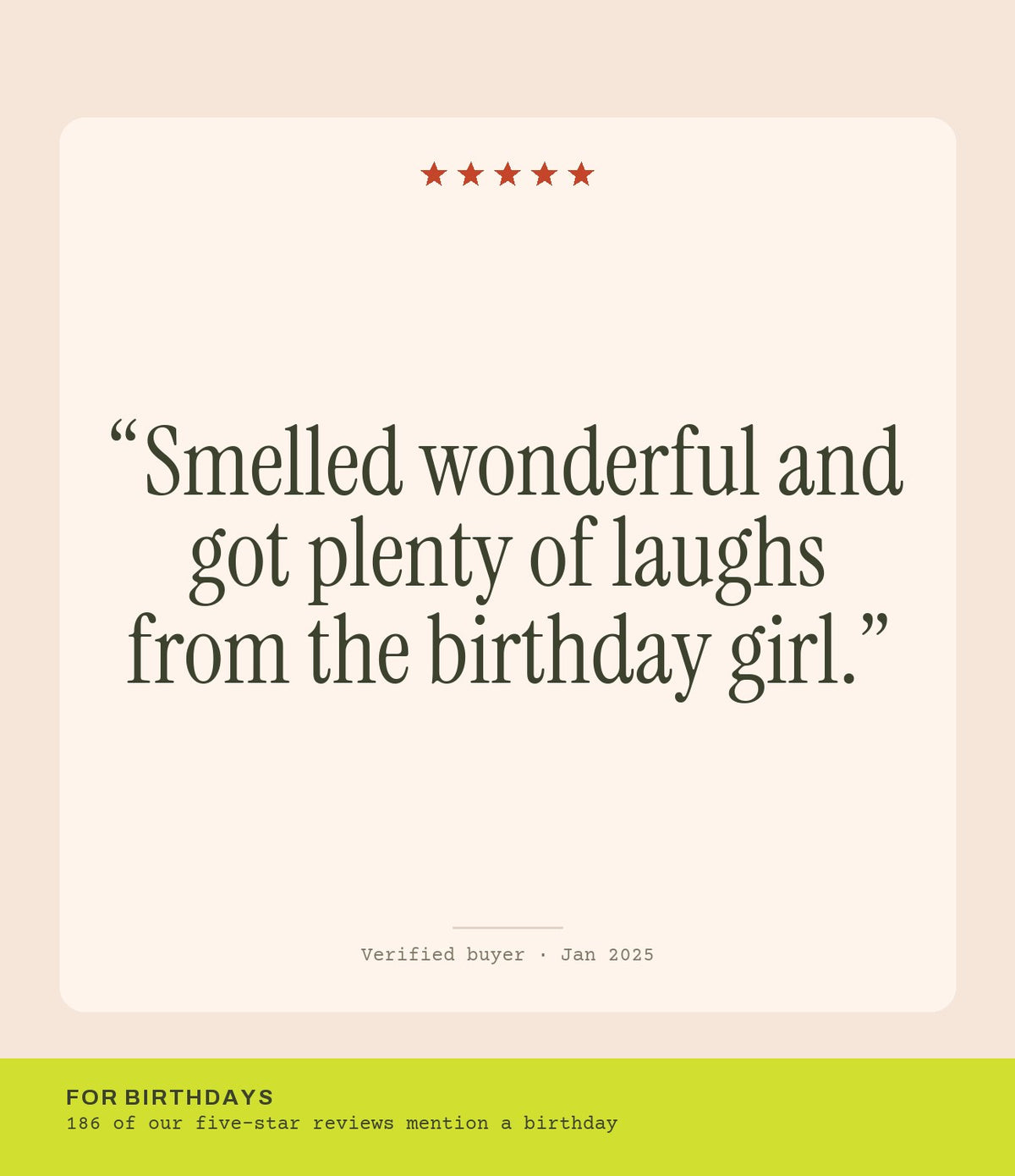 Verified buyer review: Smelled wonderful and got plenty of laughs from the birthday girl.
