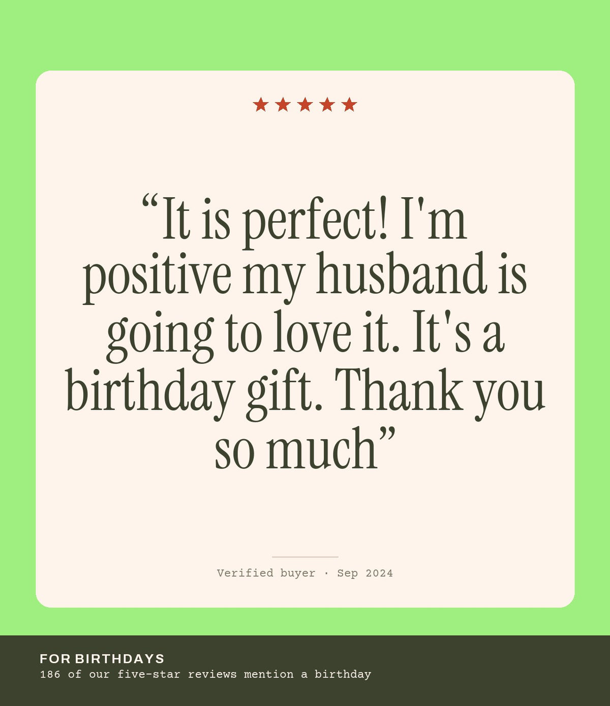 Verified buyer review: It is perfect! I'm positive my husband is going to love it. It's a birthday gift. Thank you so much