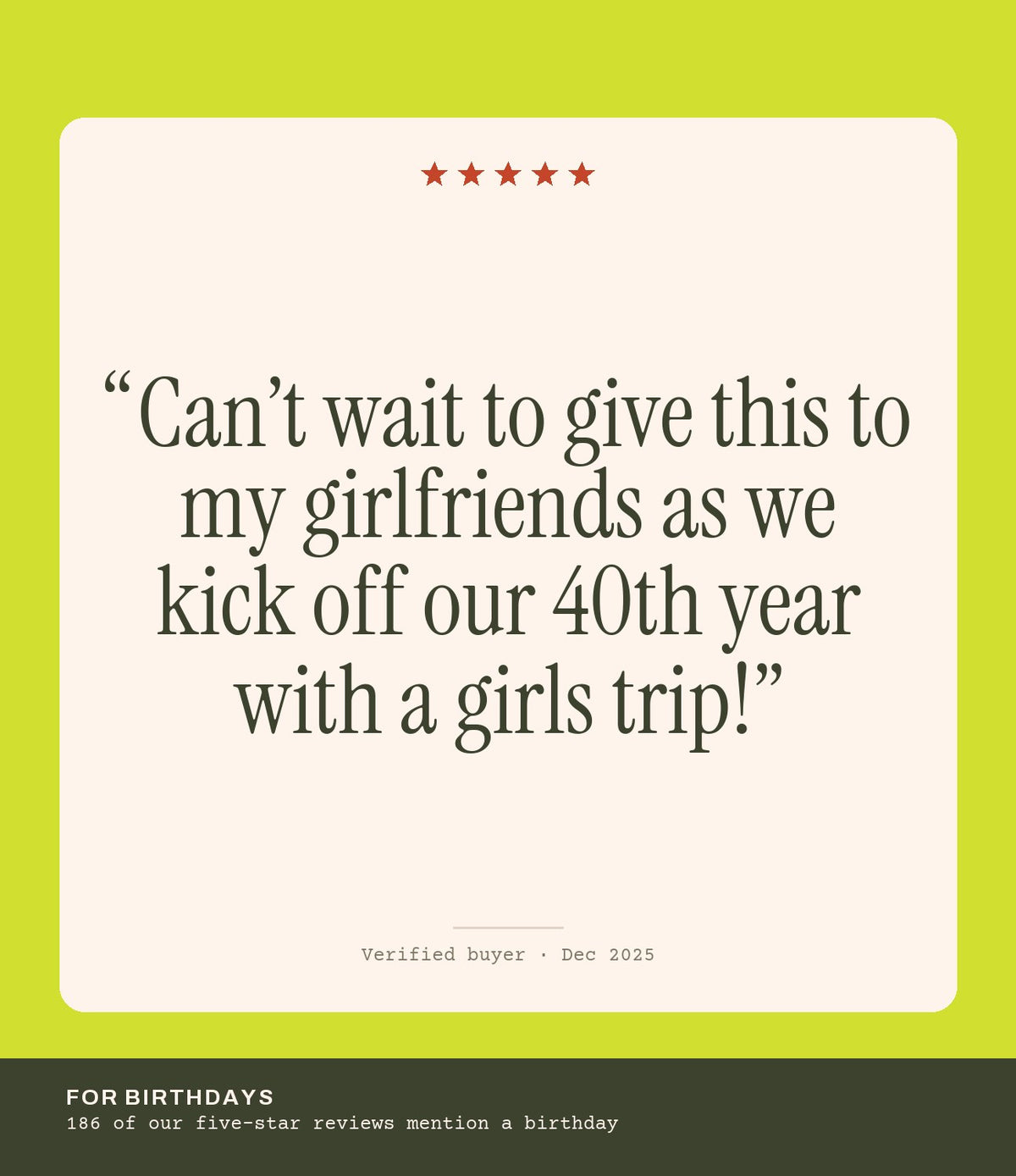 Verified buyer review: Can’t wait to give this to my girlfriends as we kick off our 40th year with a girls trip!