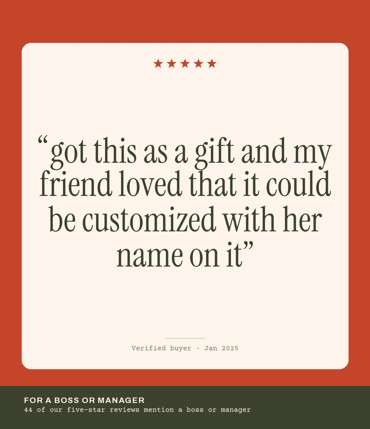 Verified buyer review: got this as a gift and my friend loved that it could be customized with her name on it